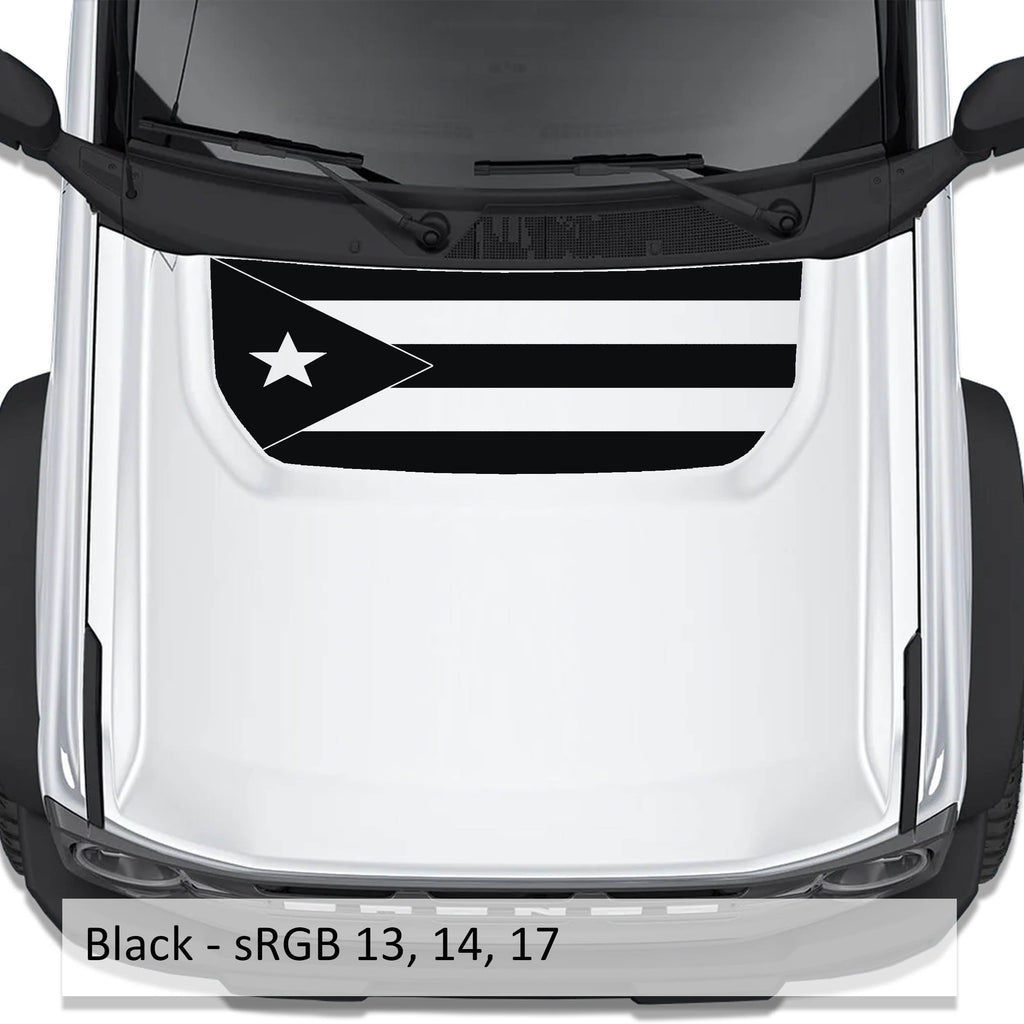 Black Puerto Rico flag blackout hood vinyl decal on Ford Bronco 2021 plus with color code swatch