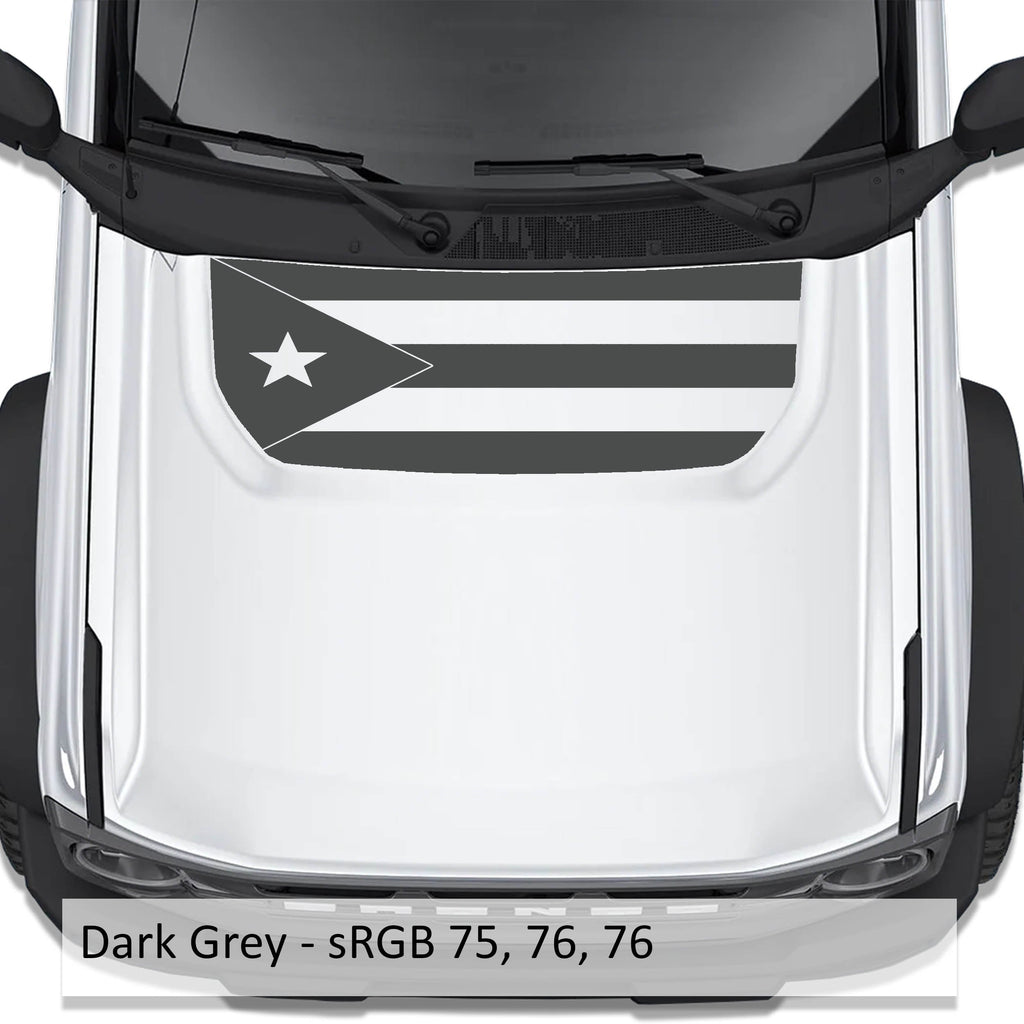 Dark grey Puerto Rico flag blackout hood decal on Ford Bronco 2021 plus with color code swatch