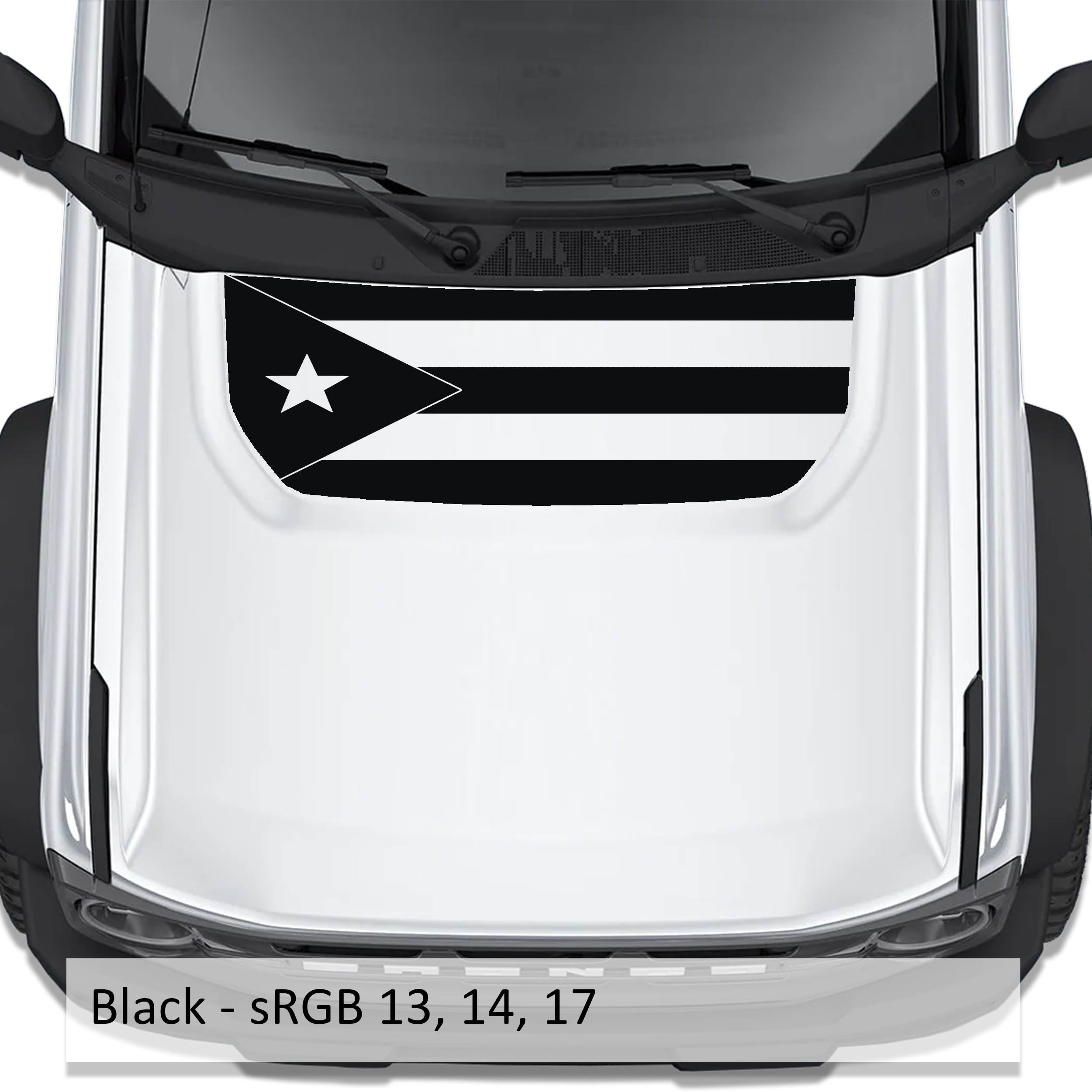 White Puerto Rico flag blackout hood vinyl decal installed on Ford Bronco 2021 plus, top view