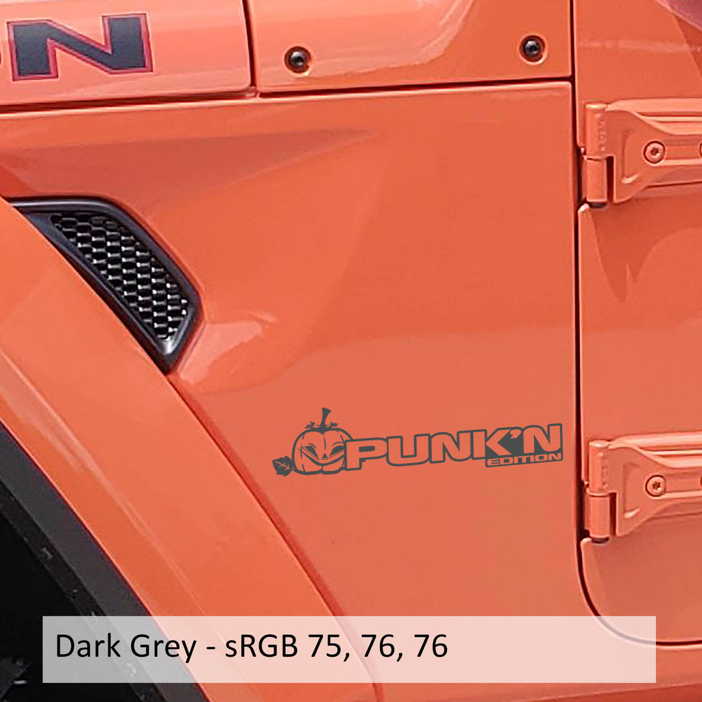Dark grey Punk'n Edition pumpkin fender decal pair installed on Jeep Wrangler JL Gladiator JT