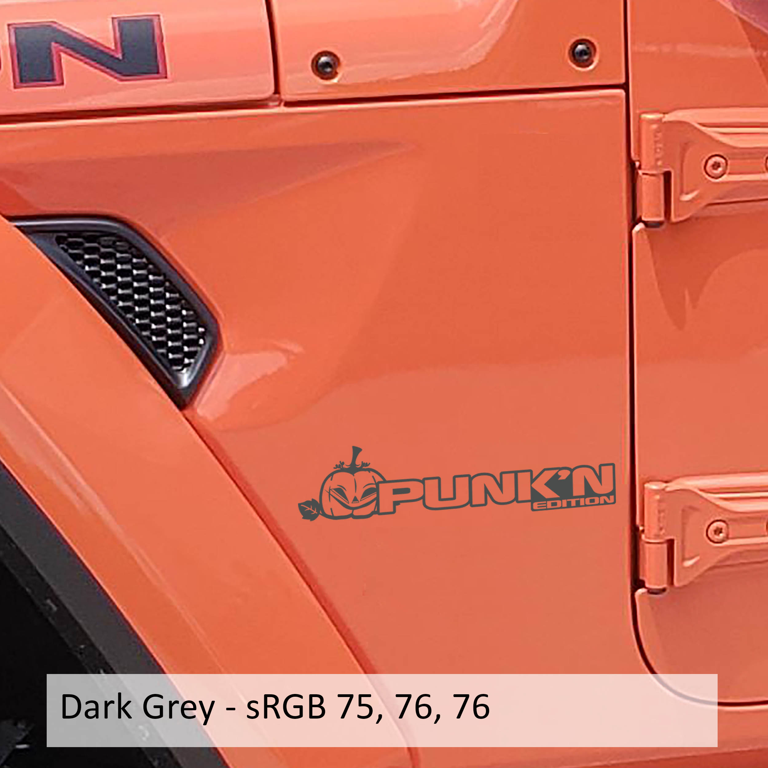 Dark grey Punk'n Edition pumpkin fender decal pair installed on Jeep Wrangler JL Gladiator JT