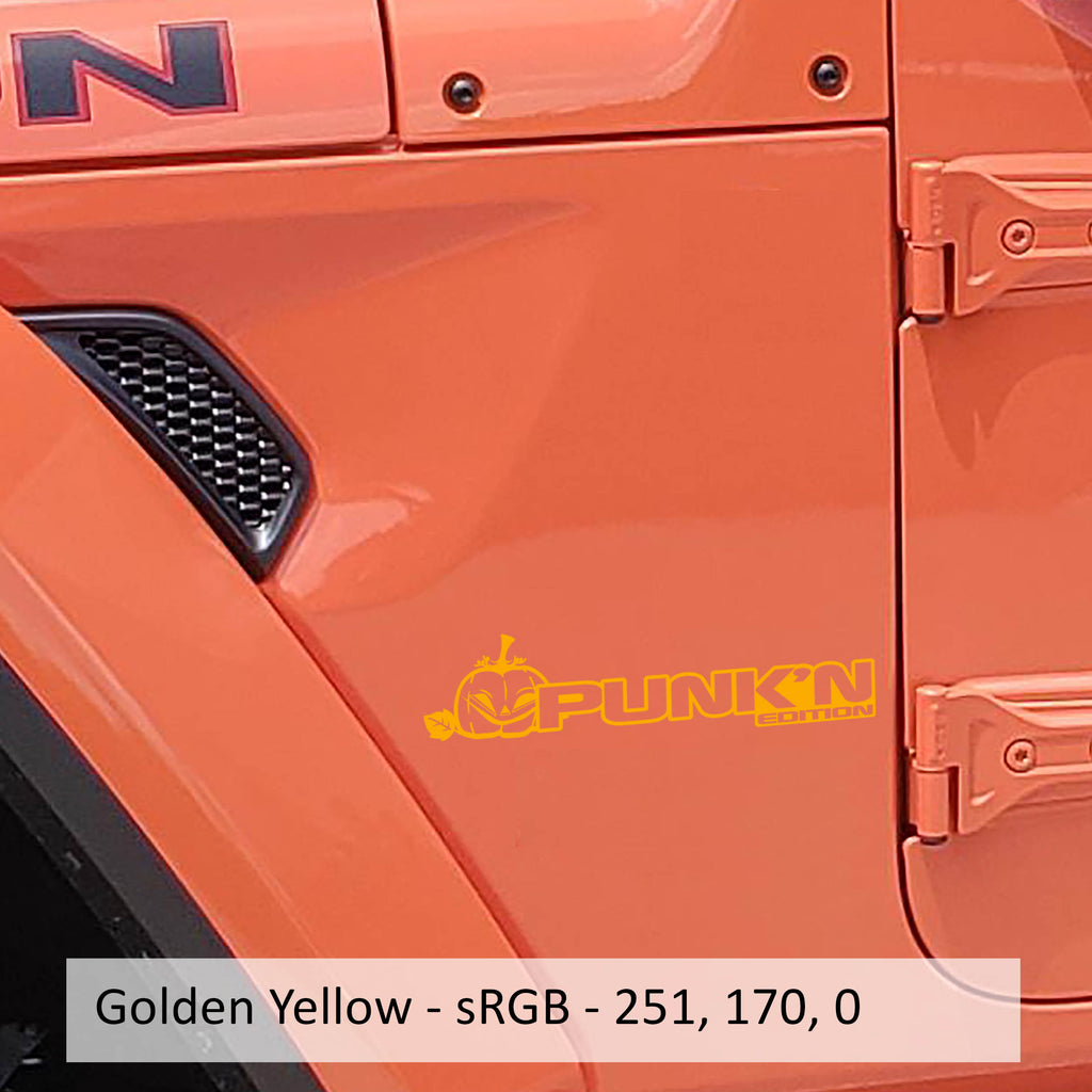 Brimstone yellow Punk'n Edition pumpkin fender decal pair on Jeep Wrangler JL Gladiator JT cowl