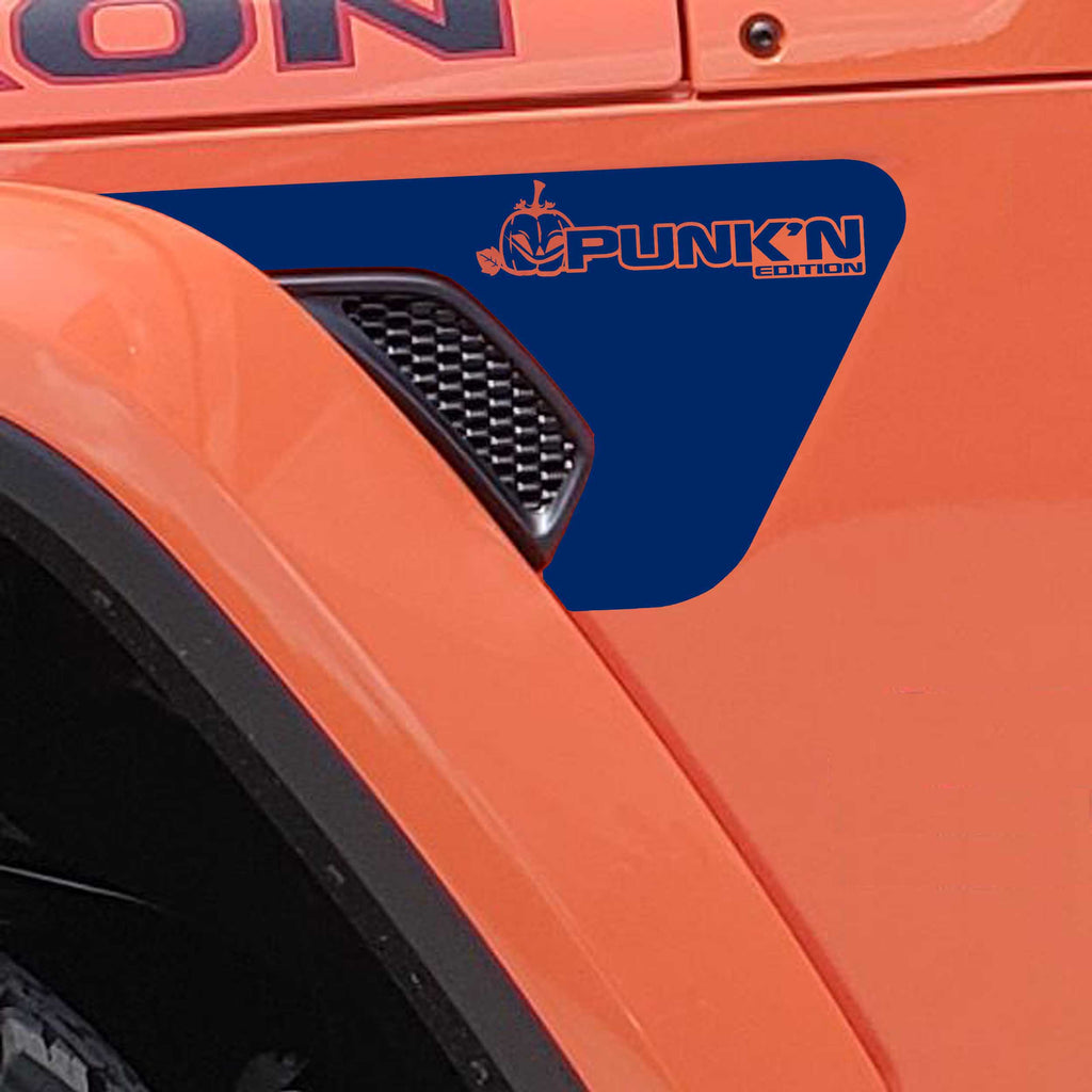 Punk'N Edition Jeep fender vent decal pair in navy blue vinyl with pumpkin Punkn badges