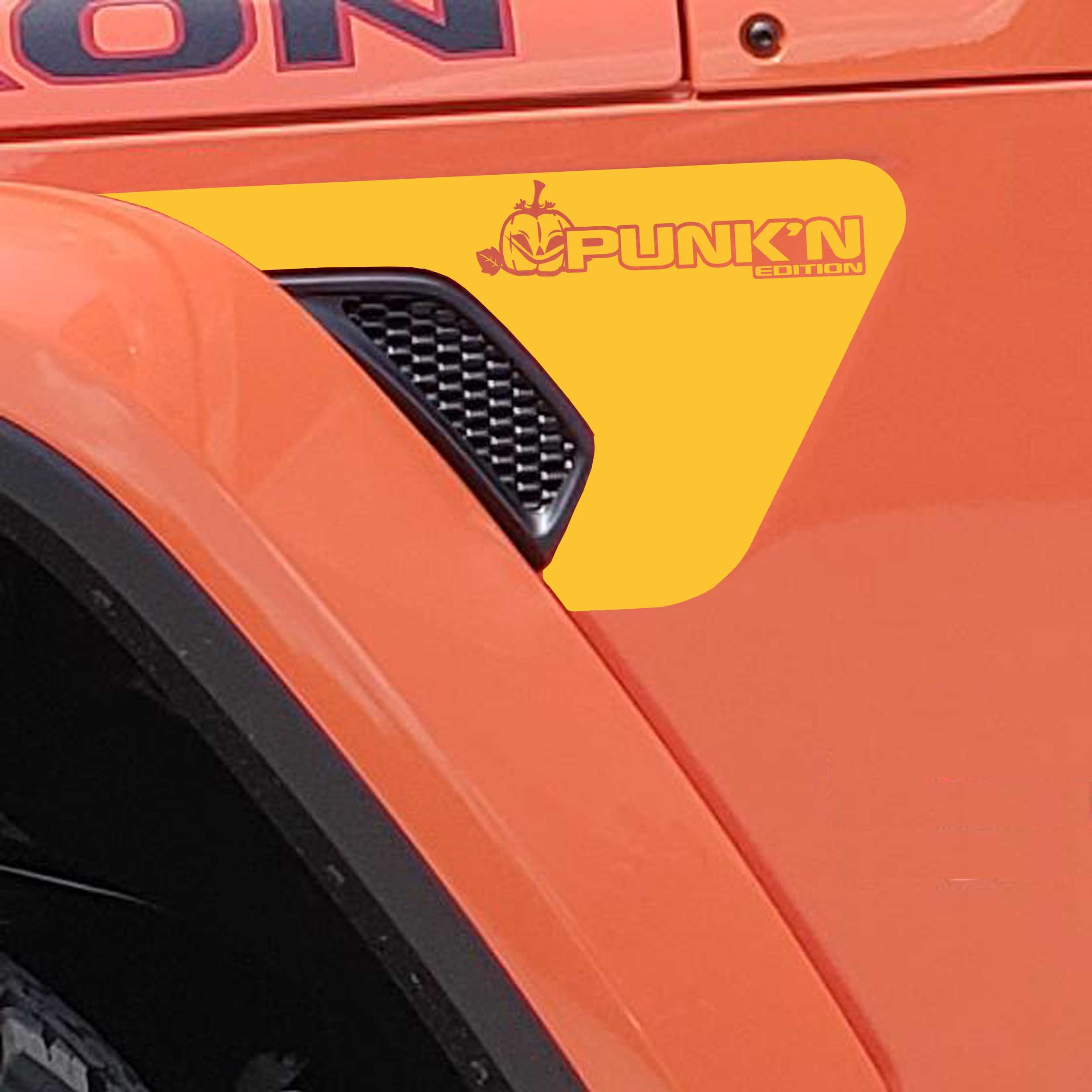 Punk'N Edition Jeep fender vent decal pair in yellow vinyl with pumpkin Punkn badges