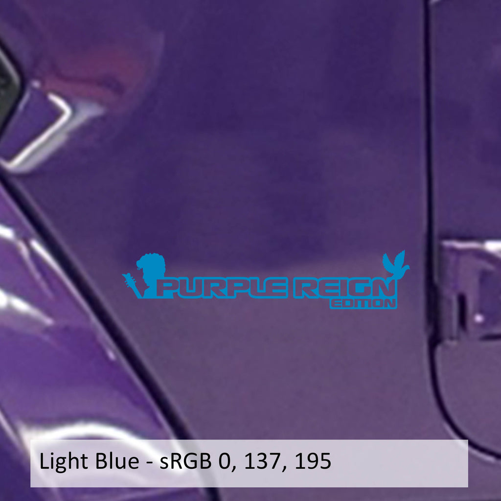 Light blue Purple Reign Edition fender decal pair with guitar and dove silhouette on purple Jeep Wrangler