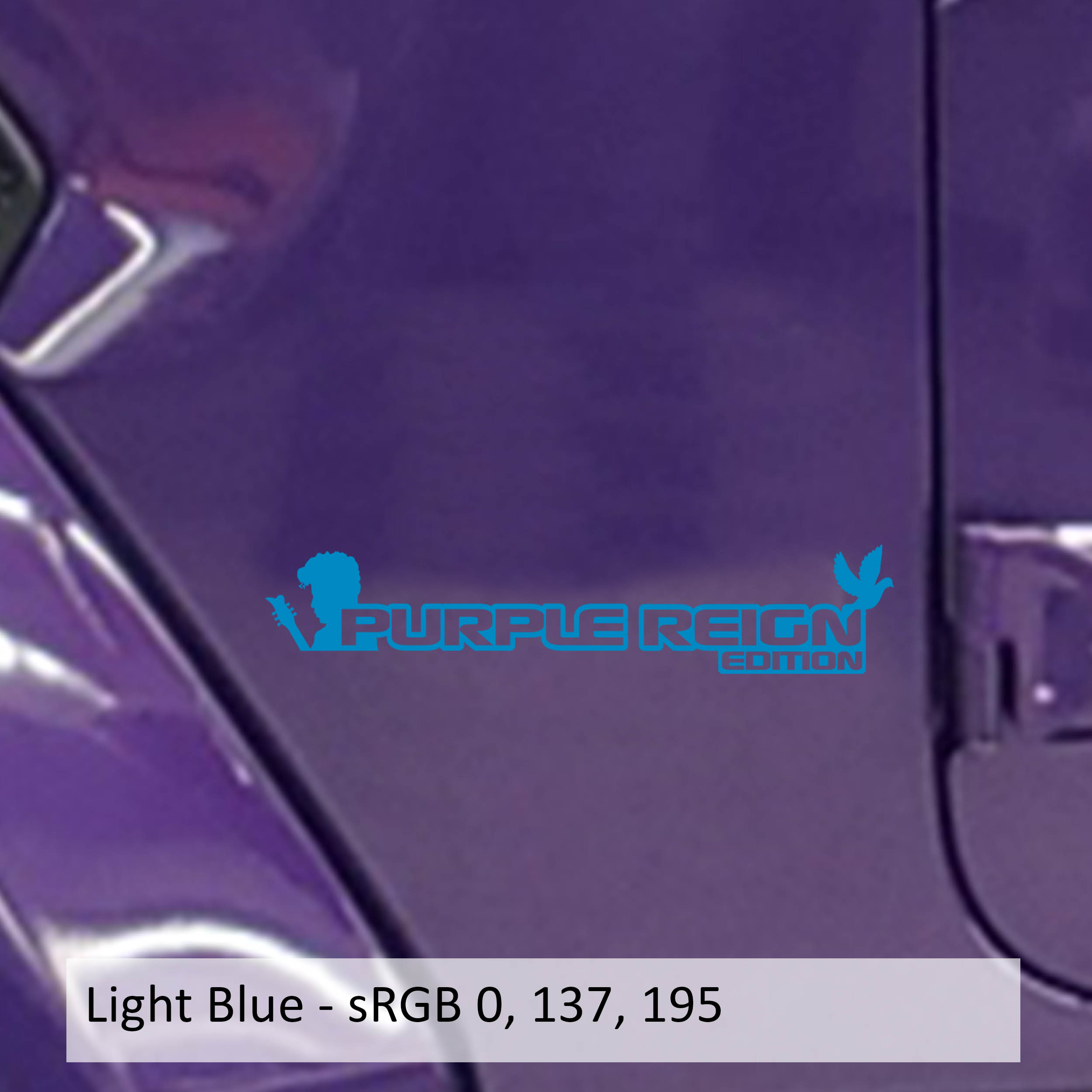 Light blue Purple Reign Edition fender decal pair with guitar and dove silhouette on purple Jeep Wrangler