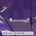 White Purple Reign Edition fender decal pair with guitar and dove silhouettes on a purple Jeep Wrangler fender
