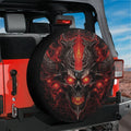 Emberlord Skull flaming skull spare tire cover on red Jeep Wrangler with fire artwork