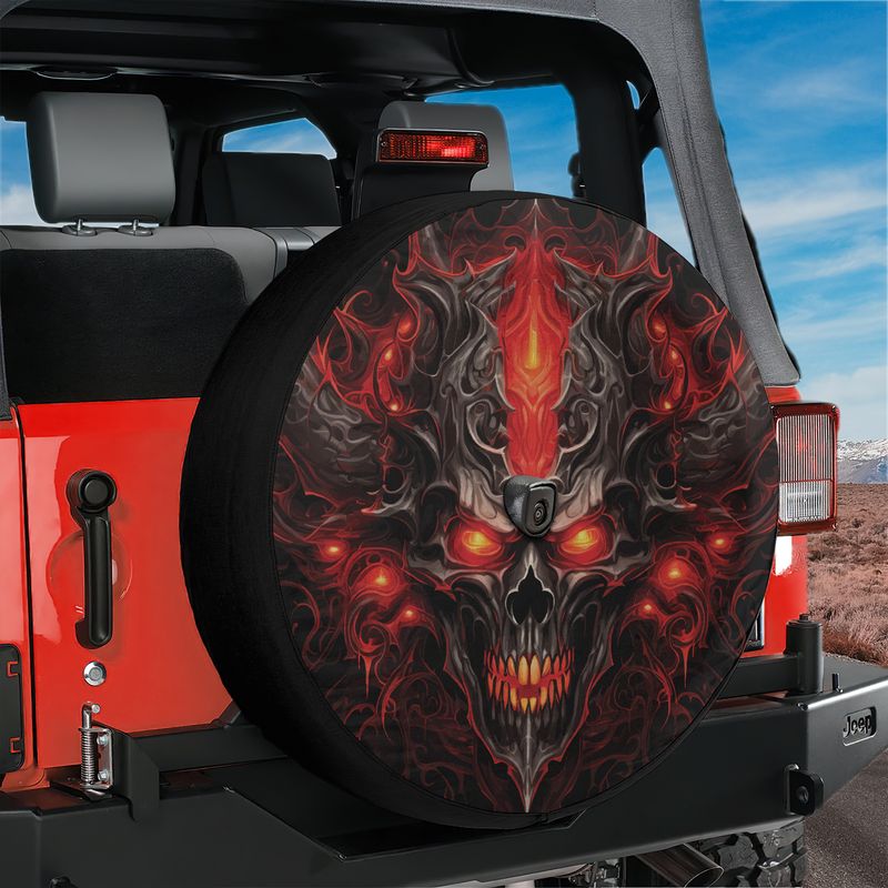 Emberlord Skull flaming skull spare tire cover on red Jeep Wrangler with fire artwork