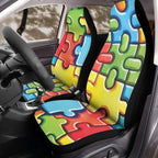Colorful puzzle piece seat cover hero product shot on plain background, universal bucket seat fit
