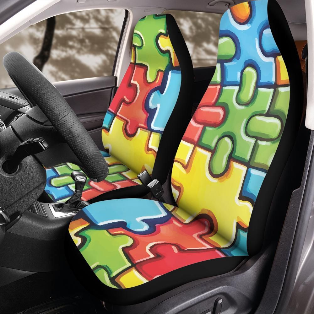 Colorful puzzle piece seat cover hero product shot on plain background, universal bucket seat fit