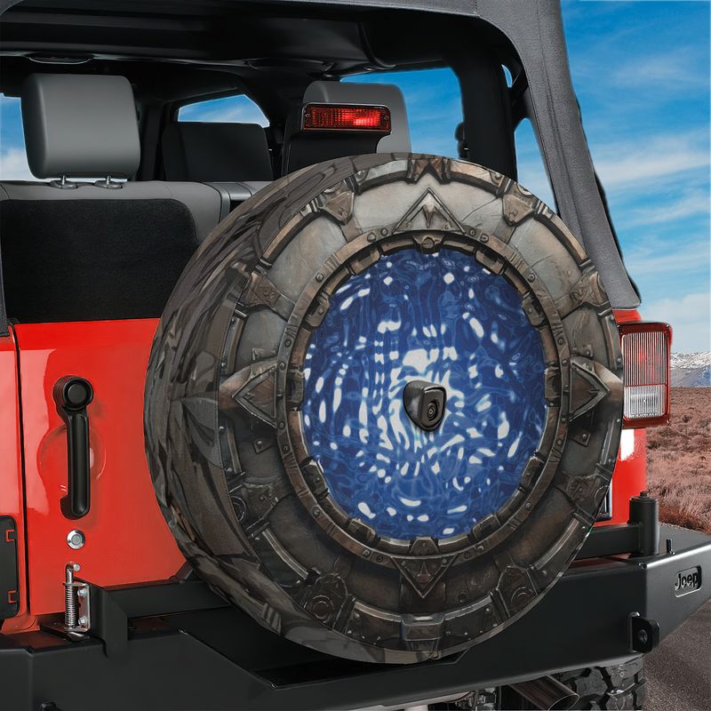 Space Arch Portal spare tire cover white background close up of carved stone gate with blue energy pool