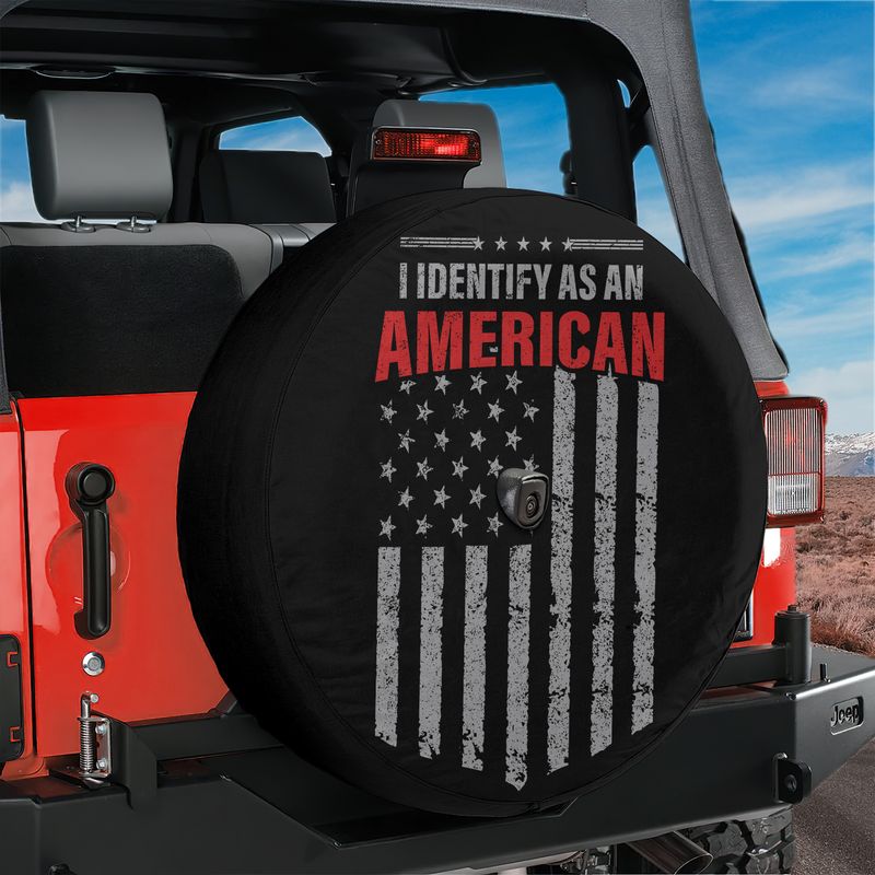 I Identify As American spare tire cover main render with distressed flag patriotic statement design