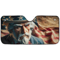 Uncle Sam We the People auto sunshade artwork displayed flat above an installed windshield mockup view