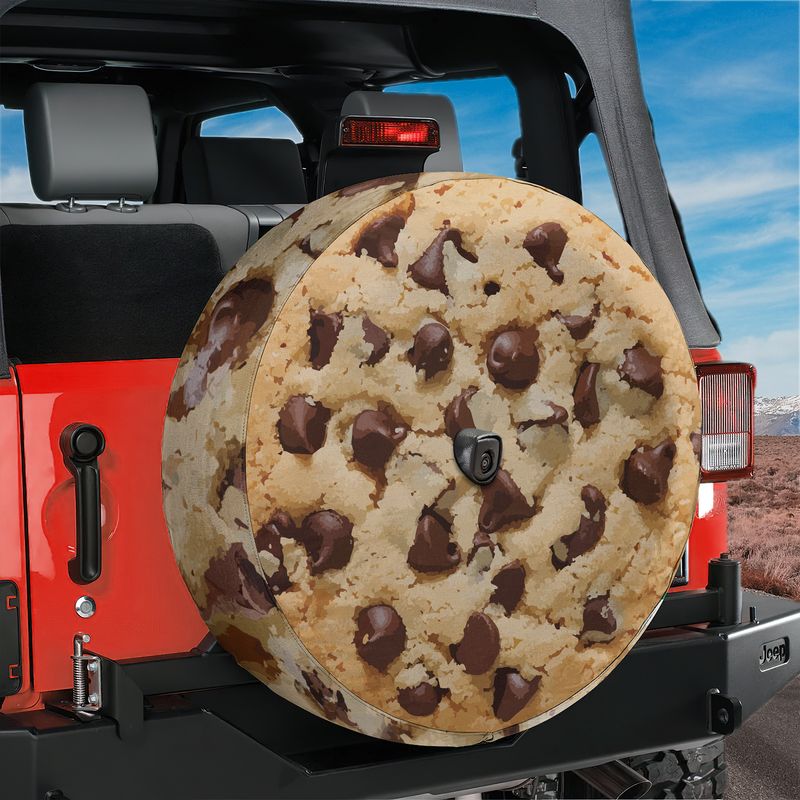 Chip Chip Hooray spare tire cover product shot showing the round chocolate chip cookie artwork on the canvas cover