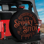 Spooky Bitch Season funny Halloween spare tire cover hero shot, Jeep Bronco backup camera hole