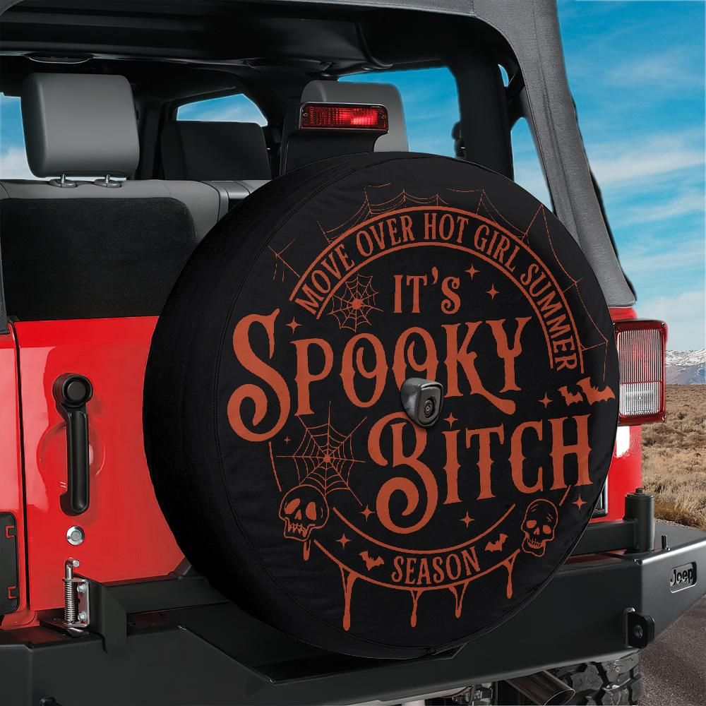 Spooky Bitch Season funny Halloween spare tire cover hero shot, Jeep Bronco backup camera hole