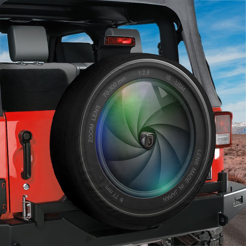 Camera Lens spare tire cover designed as oversized DSLR lens with center backup camera hole