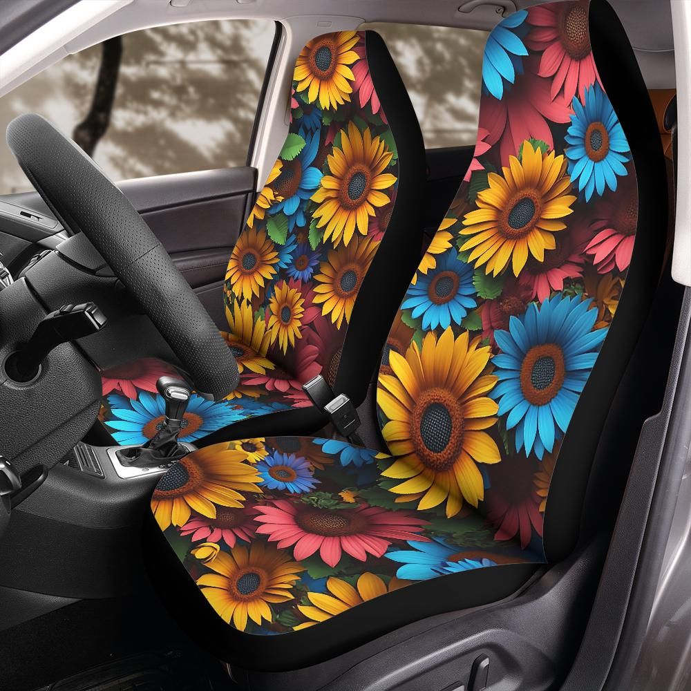 Colorful sunflower seat cover hero product shot on plain background, universal bucket seat fit