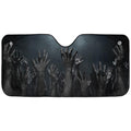 Rise Up Zombie Hands auto sunshade artwork displayed flat above an installed windshield mockup view
