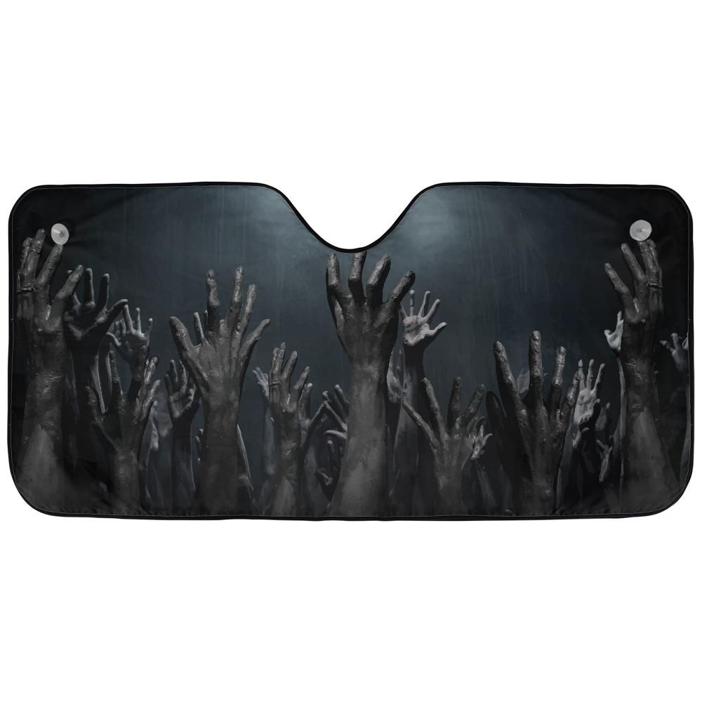 Rise Up Zombie Hands auto sunshade artwork displayed flat above an installed windshield mockup view