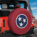 Tennessee state flag spare tire cover studio shot showing red field with tri-star blue circle and camera cutout