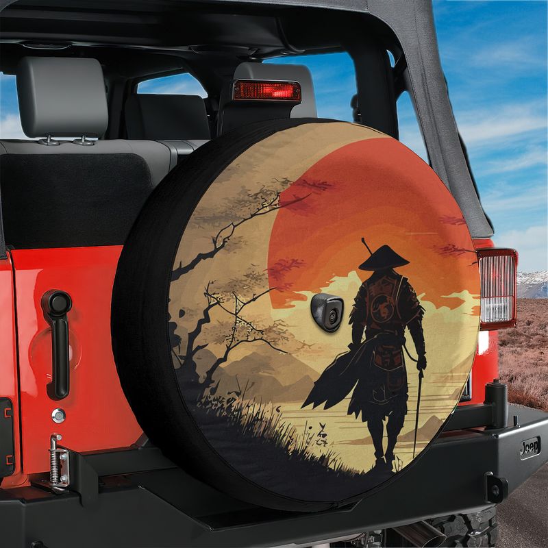Samurai sunset tire cover flat front view with lone warrior, cherry blossom tree, and large red rising sun design