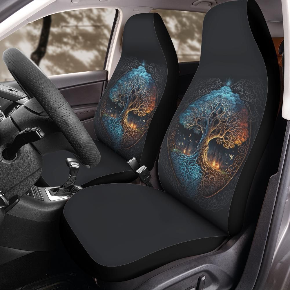Norse Yggdrasil tree of life seat cover hero product shot on plain background, bucket seat fit