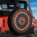 Mandala Wheel spare tire cover with intricate symmetrical sacred geometry pattern and camera hole