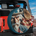 Constitution Keeper spare tire cover mounted on red Jeep rear with We the People parchment American flag design