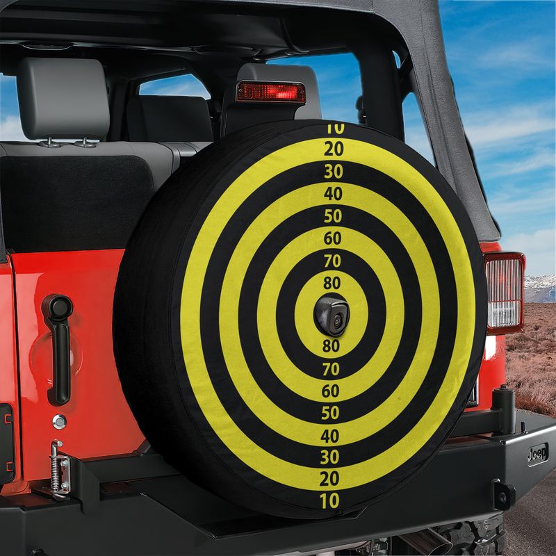 Magnetic Dart Board spare tire cover with bright primary color segments and center camera hole