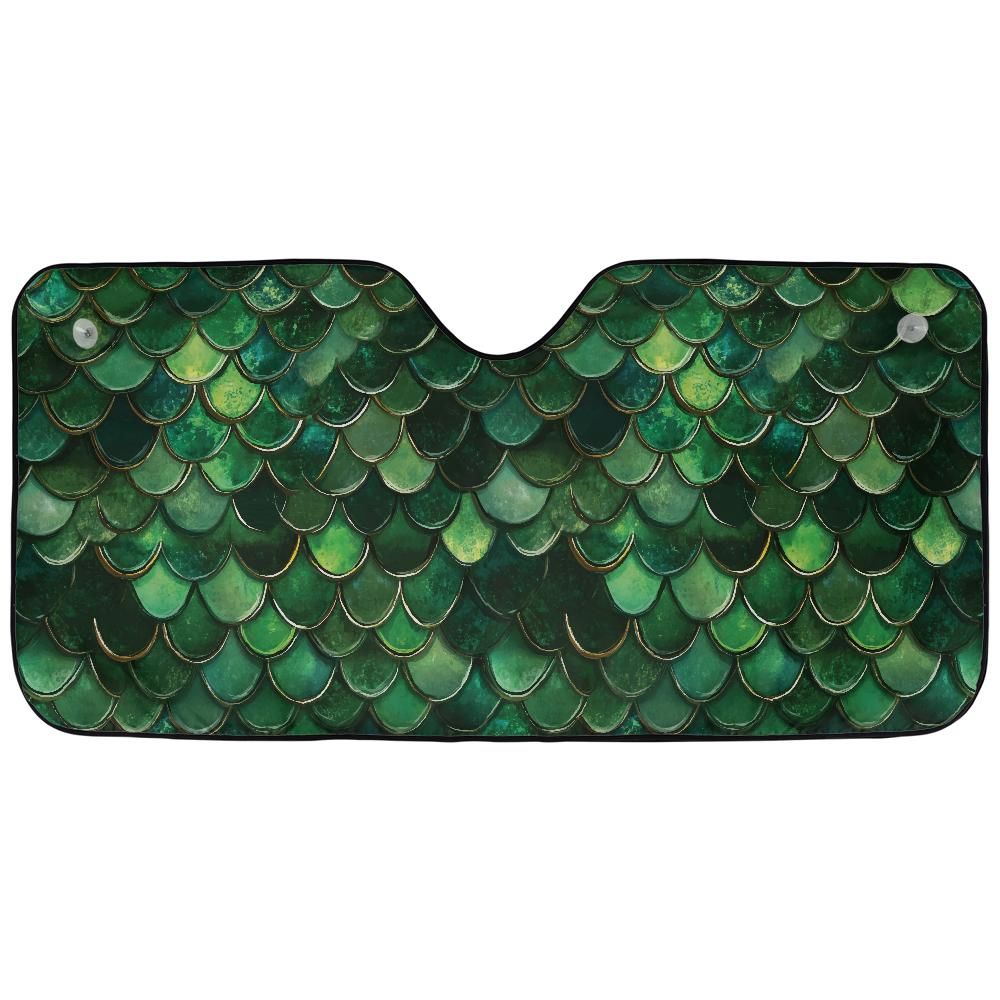 Green mermaid scale accordion sunshade for front windshield blocking sun heat with green fish scale print