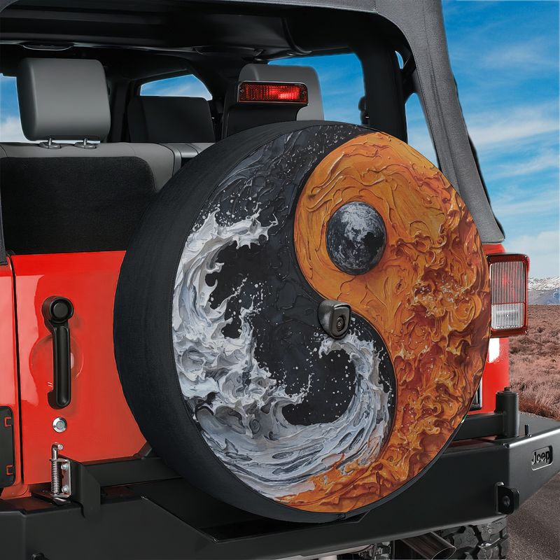 Elemental Balance spare tire cover on red Jeep Wrangler with water and earth yin-yang and moon