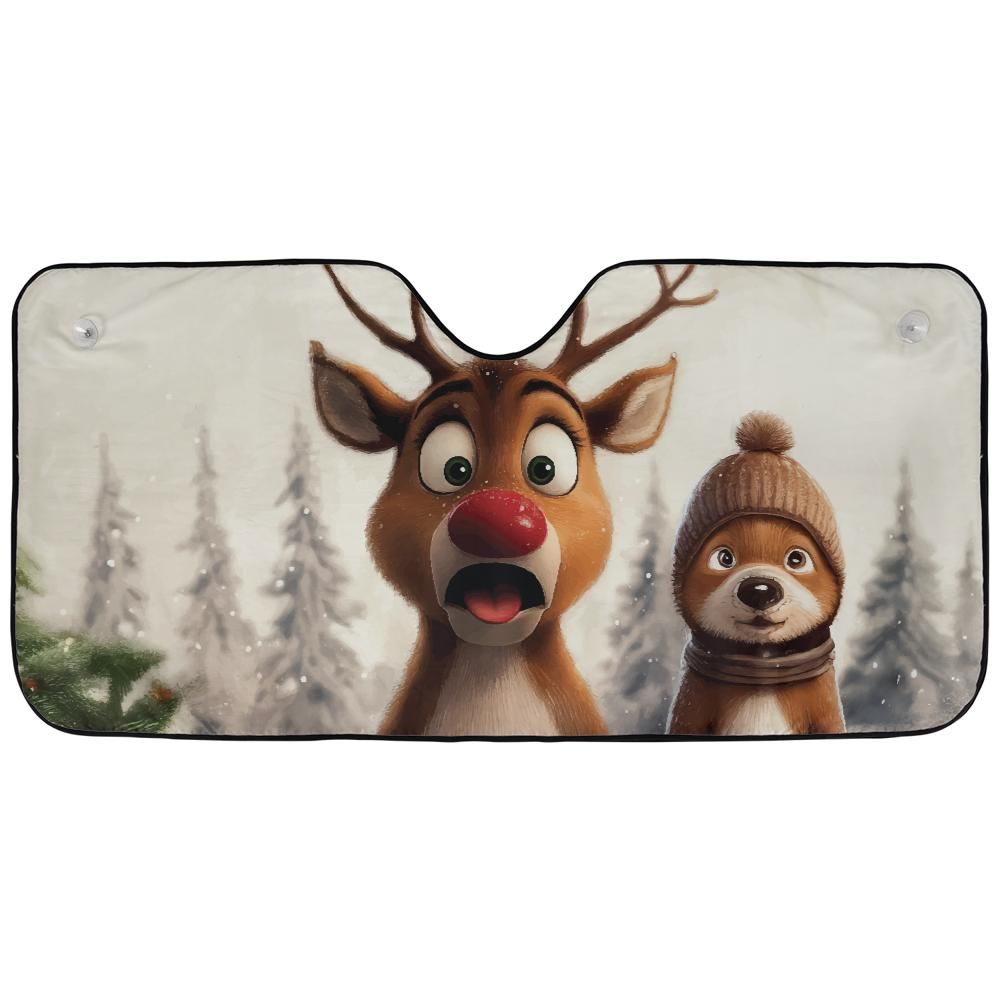 Surprised Rudolph reindeer auto sunshade artwork displayed flat above an installed windshield mockup view