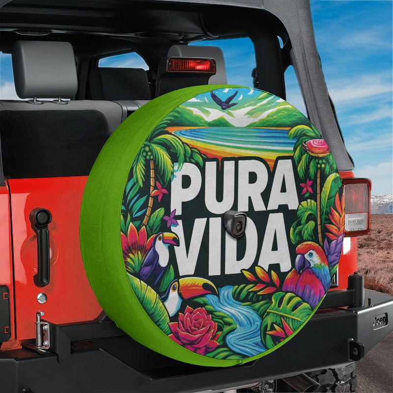 Lime green Jeep Wrangler spare tire cover with vibrant Pura Vida jungle design and camera cutout