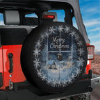 Red Jeep Wrangler showing Merry Christmas silent night cabin spare tire cover with camera cutout