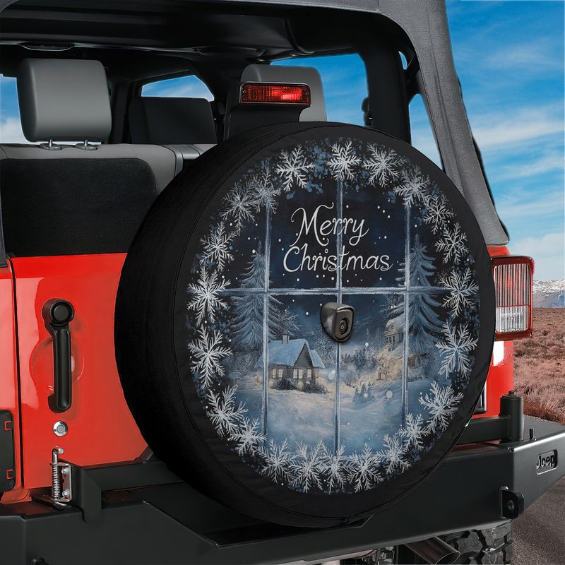 Red Jeep Wrangler showing Merry Christmas silent night cabin spare tire cover with camera cutout