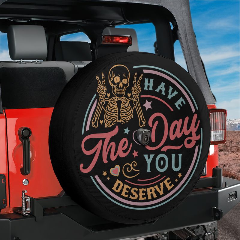 Have the Day You Deserve spare tire cover main view with peace-sign skeleton retro art design