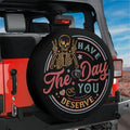 Have the Day You Deserve spare tire cover main view with peace-sign skeleton retro art design