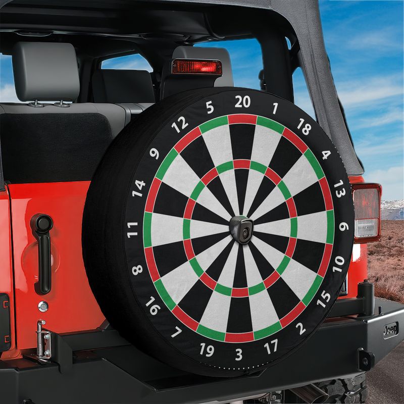 Classic Dartboard spare tire cover with numbered red green segments and backup camera hole