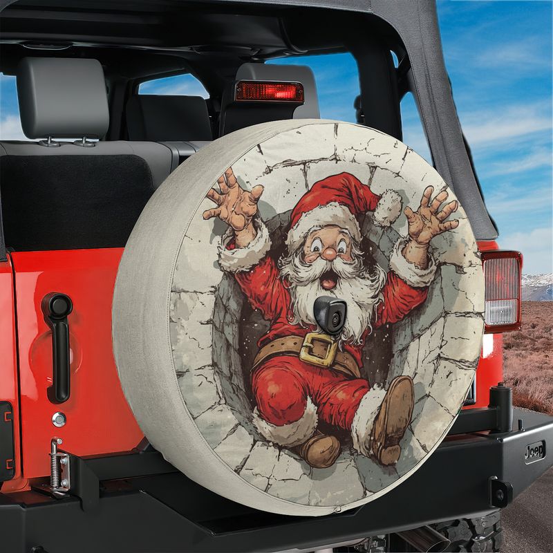 Santa's Great Chimney Escape spare tire cover product shot showing the comical holiday Santa scene on the round cover