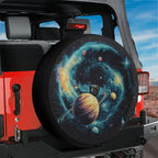 Planetary Pathways spare tire cover product shot showing the colorful planetary scene centered on the round cover