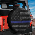 Thin Blue Line Subdued American Flag tire cover on a red Jeep Wrangler with police support flag art