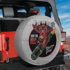 Give Em Hell Vintage Bomber pinup spare tire cover on red Jeep Wrangler nose art print