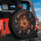 Celestial Zodiac Masterpiece spare tire cover on red Jeep Wrangler with classical sunburst zodiac mural