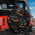 Halloween Shadow Pumpkin Patch spare tire cover with jack-o-lanterns on red Jeep Wrangler