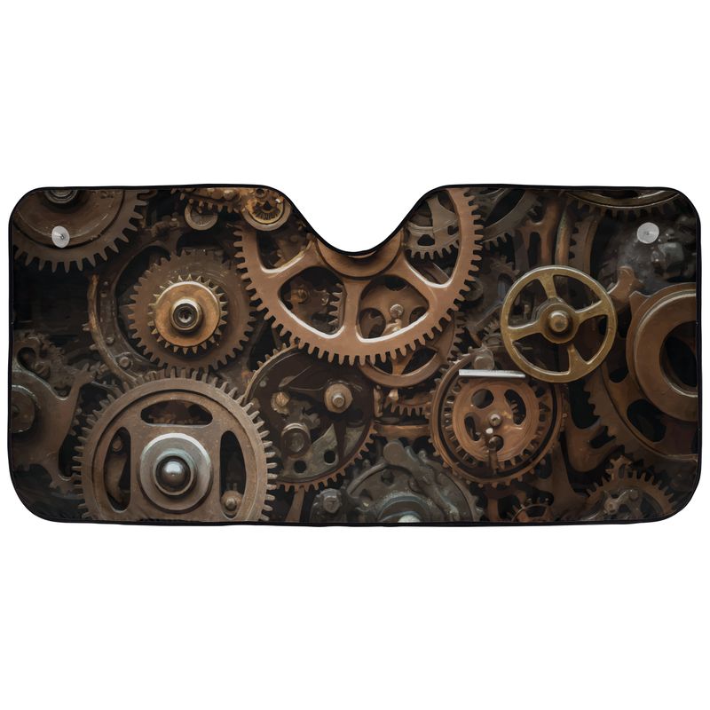 Gears and Sprockets auto sunshade artwork displayed flat above an installed windshield mockup view