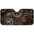 Gears and Sprockets auto sunshade artwork displayed flat above an installed windshield mockup view