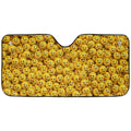 Happy Smiley Faces auto sunshade artwork displayed flat above an installed windshield mockup view