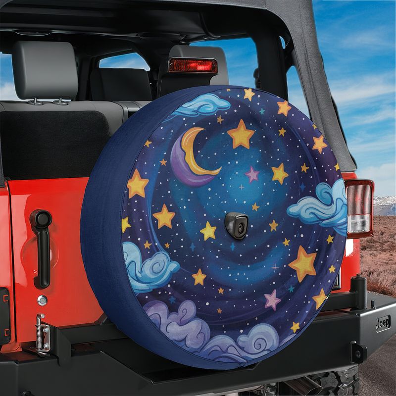 Starry night sky tire cover on a red Jeep Wrangler with whimsical moon stars and backup camera cutout hole